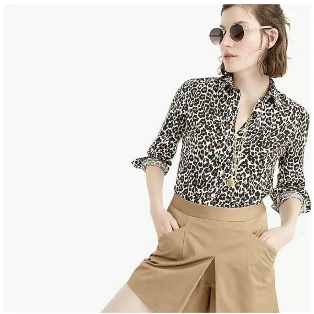 J. Crew Leopard Cotton/Linen Slim Perfect Shirt Long Sleeve Size 16 - Picture 1 of 12